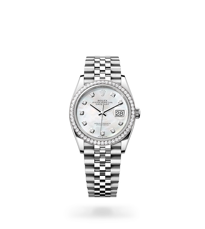 Rolex Datejust | 126284RBR | Datejust 36 | Gem-set dial | Mother-of-Pearl Dial | Diamond-set bezel | White Rolesor | M126284RBR-0011 | Women Watch | Rolex Official Retailer - Time Midas