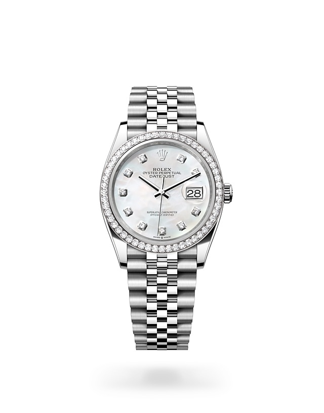 Rolex Datejust | 126284RBR | Datejust 36 | Gem-set dial | Mother-of-Pearl Dial | Diamond-set bezel | White Rolesor | M126284RBR-0011 | Women Watch | Rolex Official Retailer - Time Midas