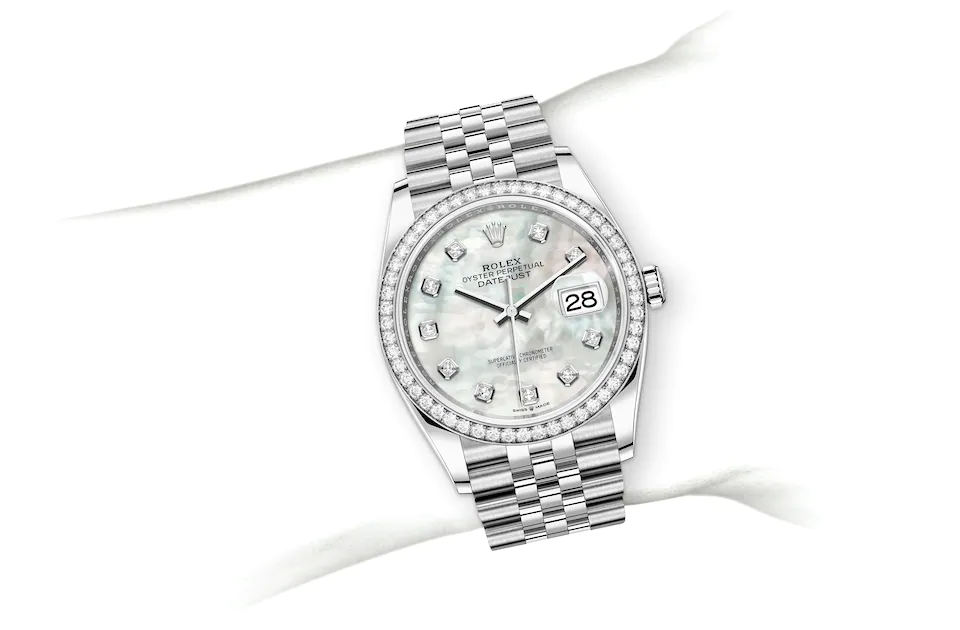 Rolex Datejust | 126284RBR | Datejust 36 | หน้าปัดประดับอัญมณี | หน้าปัดเปลือกหอยมุก | ขอบหน้าปัดประดับเพชร | White Rolesor | M126284RBR-0011 | หญิง Watch | Rolex Official Retailer - Time Midas