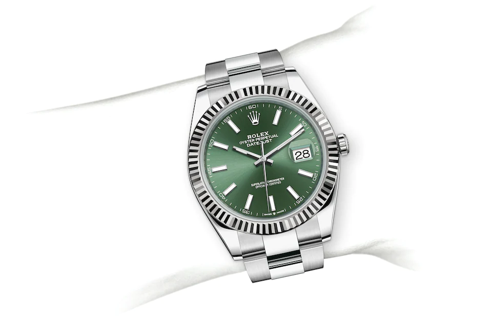 Rolex Datejust | 126334 | Datejust 41 | Coloured dial | Fluted bezel | Mint green dial | White Rolesor | M126334-0027 | Men Watch | Rolex Official Retailer - Time Midas