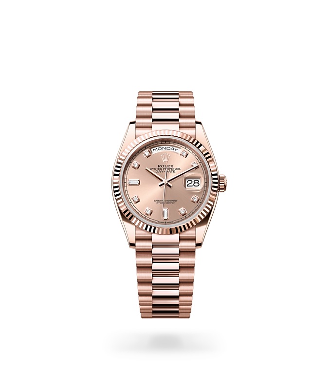 Rolex Day-Date | 128235 | Day-Date 36 | Coloured dial | Rosé-colour dial | Fluted bezel | 18 ct Everose gold | M128235-0009 | Men Watch | Rolex Official Retailer - Time Midas