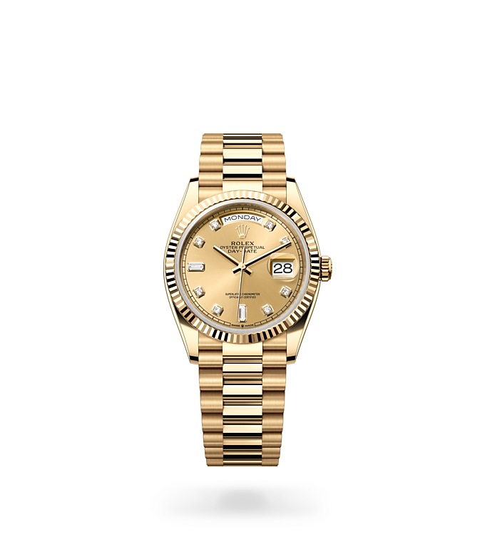 Rolex Day-Date | 128238 | Day-Date 36 | Coloured dial | Champagne-colour dial | Fluted bezel | 18 ct yellow gold | M128238-0008 | Men Watch | Rolex Official Retailer - Time Midas