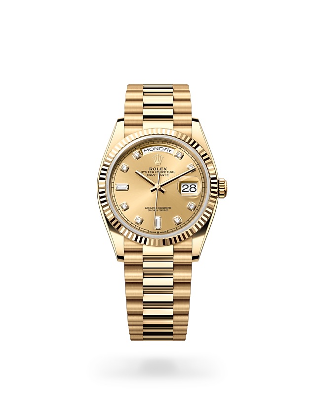 Rolex Day-Date | 128238 | Day-Date 36 | หน้าปัดประดับอัญมณี | หน้าปัดสีแชมเปญ | ขอบหน้าปัดแบบร่อง | ทองคำ 18 กะรัต | M128238-0008 | ชาย Watch | Rolex Official Retailer - Time Midas