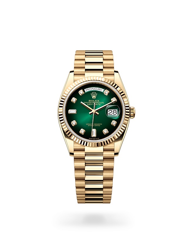 Rolex Day-Date | 128238 | Day-Date 36 | หน้าปัดประดับอัญมณี | หน้าปัดสีเขียวออมเบร | ขอบหน้าปัดแบบร่อง | ทองคำ 18 กะรัต | M128238-0069 | ชาย Watch | Rolex Official Retailer - Time Midas
