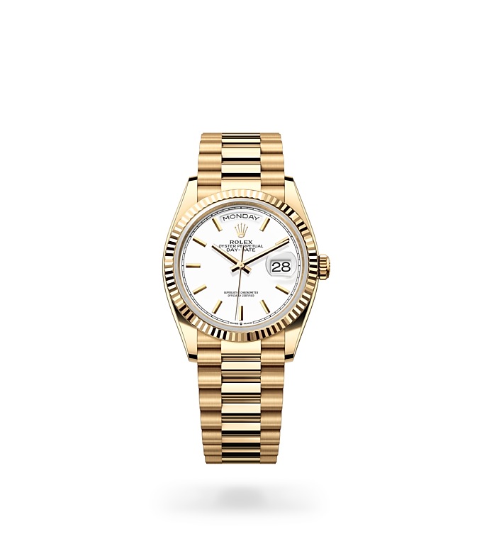 Rolex Day-Date | 128238 | Day-Date 36 | Light dial | Fluted bezel | White dial | 18 ct yellow gold | M128238-0081 | Men Watch | Rolex Official Retailer - Time Midas