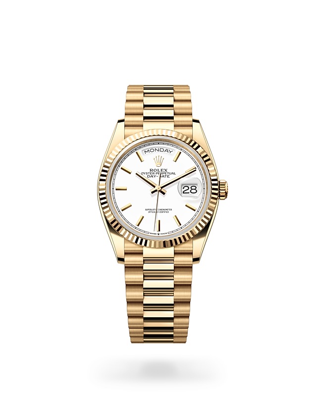 Rolex Day-Date | 128238 | Day-Date 36 | Light dial | Fluted bezel | White dial | 18 ct yellow gold | M128238-0081 | Men Watch | Rolex Official Retailer - Time Midas