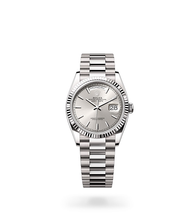 Rolex Day-Date | 128239 | Day-Date 36 | Light dial | Fluted bezel | Silver dial | 18 ct white gold | M128239-0005 | Men Watch | Rolex Official Retailer - Time Midas