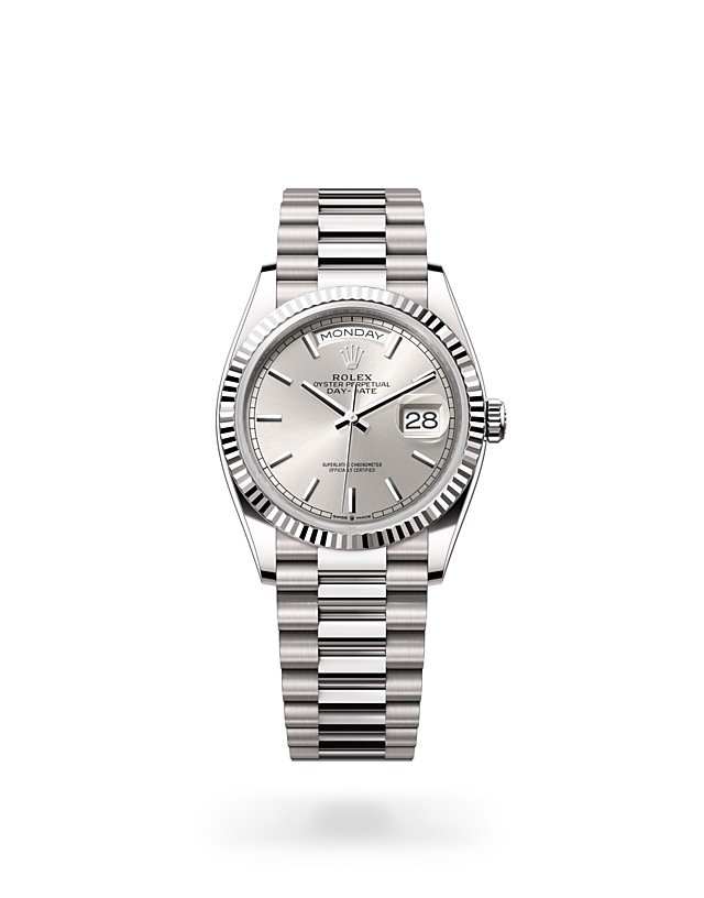 Rolex Day-Date | 128239 | Day-Date 36 | Light dial | Fluted bezel | Silver dial | 18 ct white gold | M128239-0005 | Men Watch | Rolex Official Retailer - Time Midas