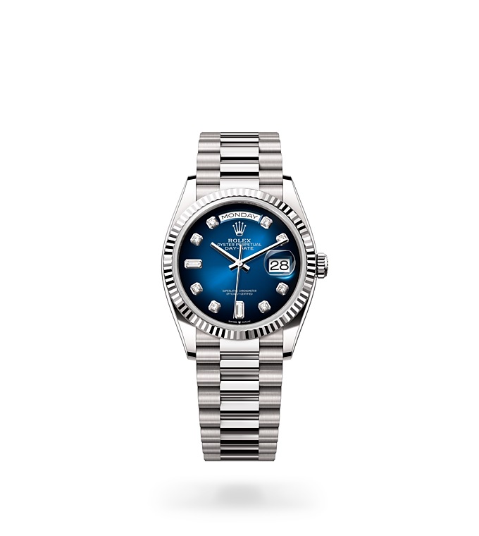 Rolex Day-Date | 128239 | Day-Date 36 | หน้าปัดประดับอัญมณี | หน้าปัดสีน้ำเงินออมเบร | ขอบหน้าปัดแบบร่อง | ทองคำขาว 18 กะรัต | M128239-0023 | ชาย Watch | Rolex Official Retailer - Time Midas