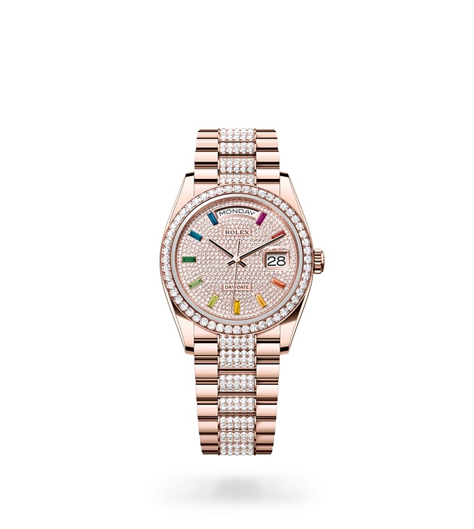 Rolex Day-Date | 128345RBR | Day-Date 36 | Diamond paved dial | Diamond-Paved Dial | Diamond-set bezel | 18 ct Everose gold | M128345RBR-0043 | Women Watch | Rolex Official Retailer - Time Midas