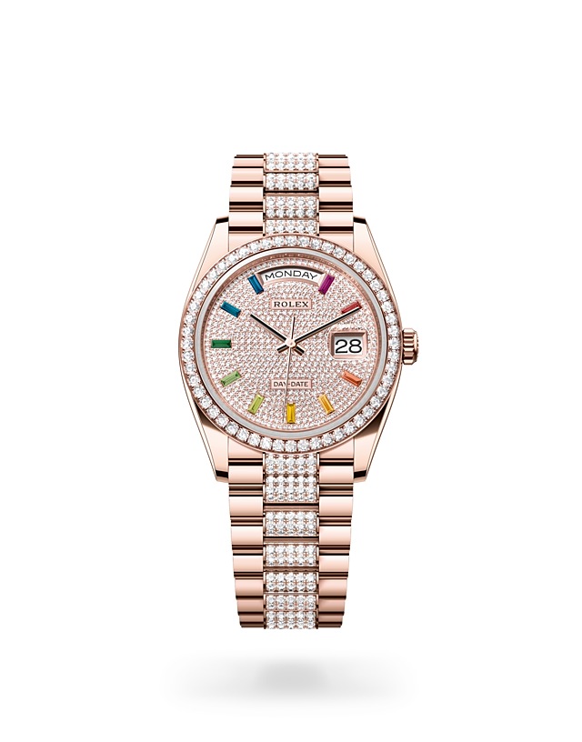Rolex Day-Date | 128345RBR | Day-Date 36 | หน้าปัดประดับอัญมณี | หน้าปัดประดับเพชร | ขอบหน้าปัดประดับเพชร | Everose gold 18 กะรัต | M128345RBR-0043 | หญิง Watch | Rolex Official Retailer - Time Midas