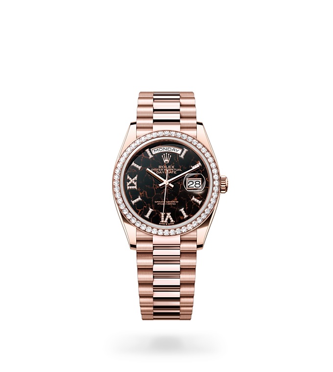 Rolex Day-Date | 128345RBR | Day-Date 36 | หน้าปัดประดับอัญมณี | หน้าปัด Eisenkiesel | ขอบหน้าปัดประดับเพชร | Everose gold 18 กะรัต | M128345RBR-0044 | หญิง Watch | Rolex Official Retailer - Time Midas
