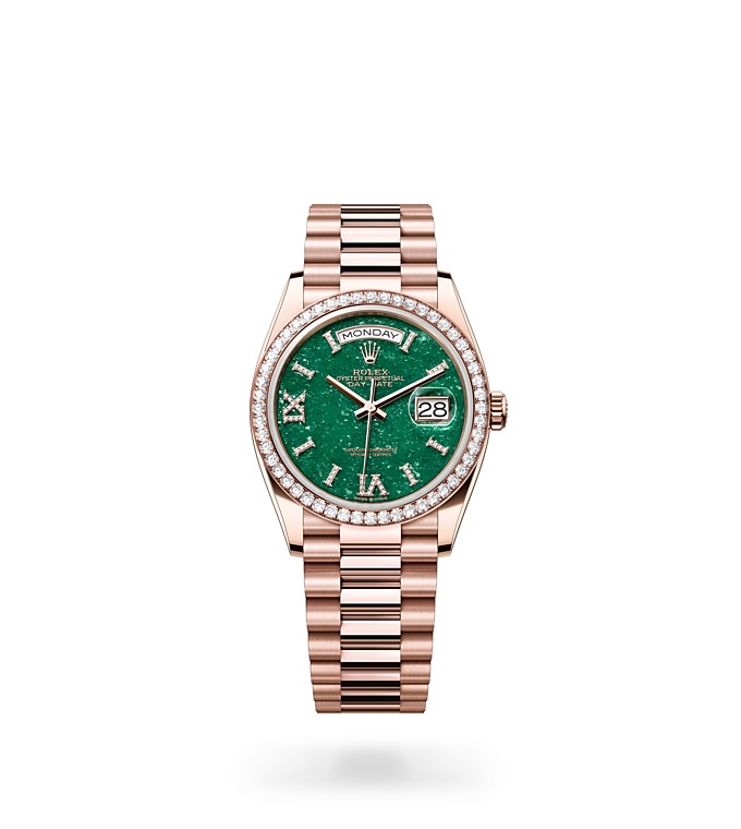 Rolex Day-Date | 128345RBR | Day-Date 36 | Coloured dial | Green aventurine dial | Diamond-set bezel | 18 ct Everose gold | M128345RBR-0068 | Women Watch | Rolex Official Retailer - Time Midas