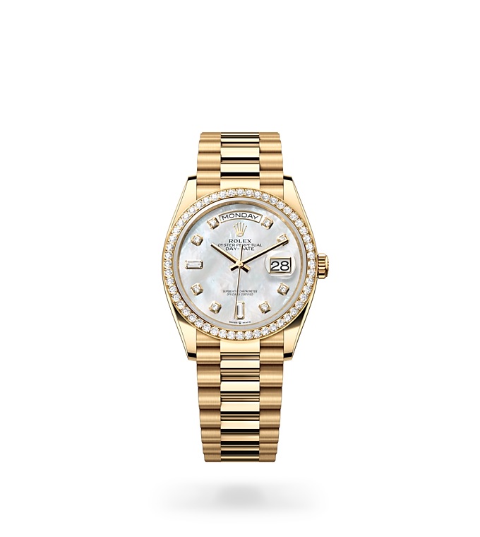 Rolex Day-Date | 128348RBR | Day-Date 36 | หน้าปัดประดับอัญมณี | หน้าปัดเปลือกหอยมุก | ขอบหน้าปัดประดับเพชร | ทองคำ 18 กะรัต | M128348RBR-0017 | หญิง Watch | Rolex Official Retailer - Time Midas