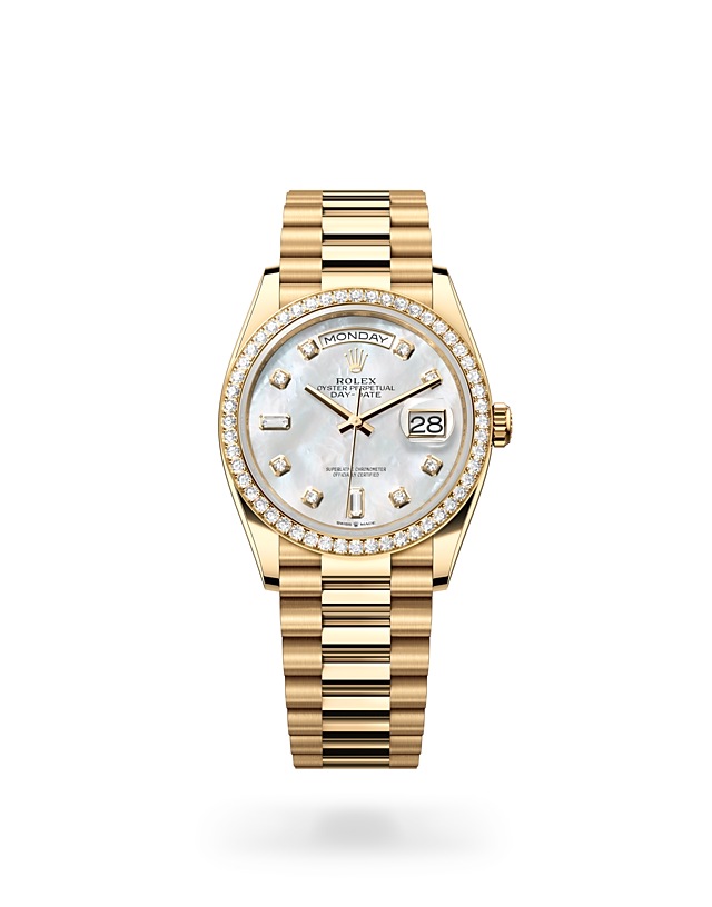 Rolex Day-Date | 128348RBR | Day-Date 36 | Gem-set dial | Mother-of-Pearl Dial | Diamond-set bezel | 18 ct yellow gold | M128348RBR-0017 | Women Watch | Rolex Official Retailer - Time Midas