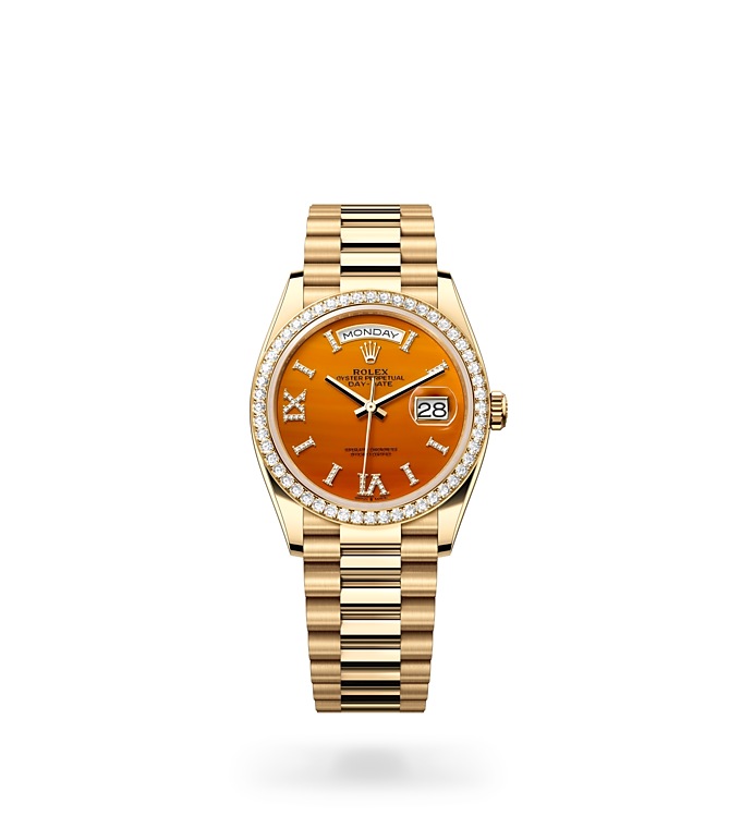 Rolex Day-Date | 128348RBR | Day-Date 36 | Coloured dial | Carnelian dial | Diamond-set bezel | 18 ct yellow gold | M128348RBR-0049 | Women Watch | Rolex Official Retailer - Time Midas