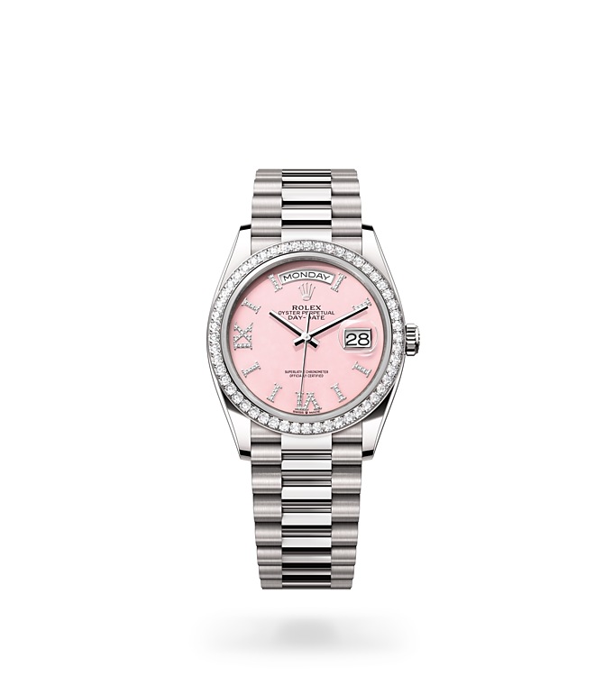 Rolex Day-Date | 128349RBR | Day-Date 36 | หน้าปัดประดับอัญมณี | หน้าปัดโอปอลสีชมพู | ขอบหน้าปัดประดับเพชร | ทองคำขาว 18 กะรัต | M128349RBR-0008 | หญิง Watch | Rolex Official Retailer - Time Midas