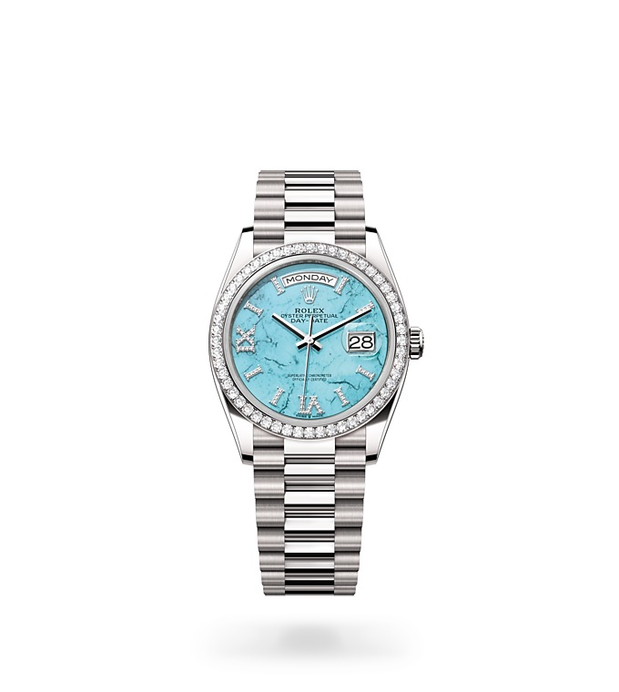 Rolex Day-Date | 128349RBR | Day-Date 36 | หน้าปัดประดับอัญมณี | หน้าปัดสีเทอร์ควอยซ์ | ขอบหน้าปัดประดับเพชร | ทองคำขาว 18 กะรัต | M128349RBR-0031 | หญิง Watch | Rolex Official Retailer - Time Midas