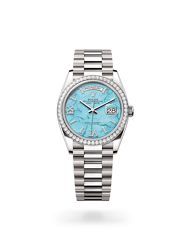 Rolex Day-Date | 128349RBR | Day-Date 36 | Coloured dial | Turquoise Dial | Diamond-set bezel | 18 ct white gold | M128349RBR-0031 | Women Watch | Rolex Official Retailer - Time Midas