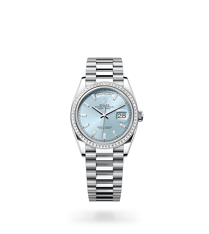 Rolex Day-Date | 128396TBR | Day-Date 36 | หน้าปัดประดับอัญมณี | หน้าปัดสีฟ้าไอซ์บลู | ขอบหน้าปัดประดับเพชร | แพลทินัม | M128396TBR-0003 | หญิง Watch | Rolex Official Retailer - Time Midas