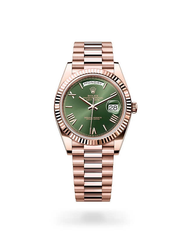 Rolex Day-Date | 228235 | Day-Date 40 | Coloured dial | Fluted bezel | Olive-Green Dial | 18 ct Everose gold | M228235-0025 | Men Watch | Rolex Official Retailer - Time Midas