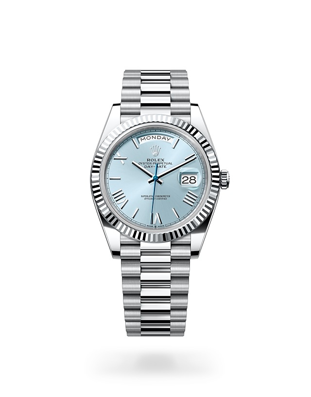 Rolex Day-Date | 228236 | Day-Date 40 | Coloured dial | Fluted bezel | Ice-Blue Dial | Platinum | M228236-0012 | Men Watch | Rolex Official Retailer - Time Midas