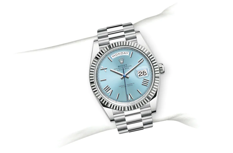 Rolex Day-Date | 228236 | Day-Date 40 | Coloured dial | Fluted bezel | Ice-Blue Dial | Platinum | M228236-0012 | Men Watch | Rolex Official Retailer - Time Midas
