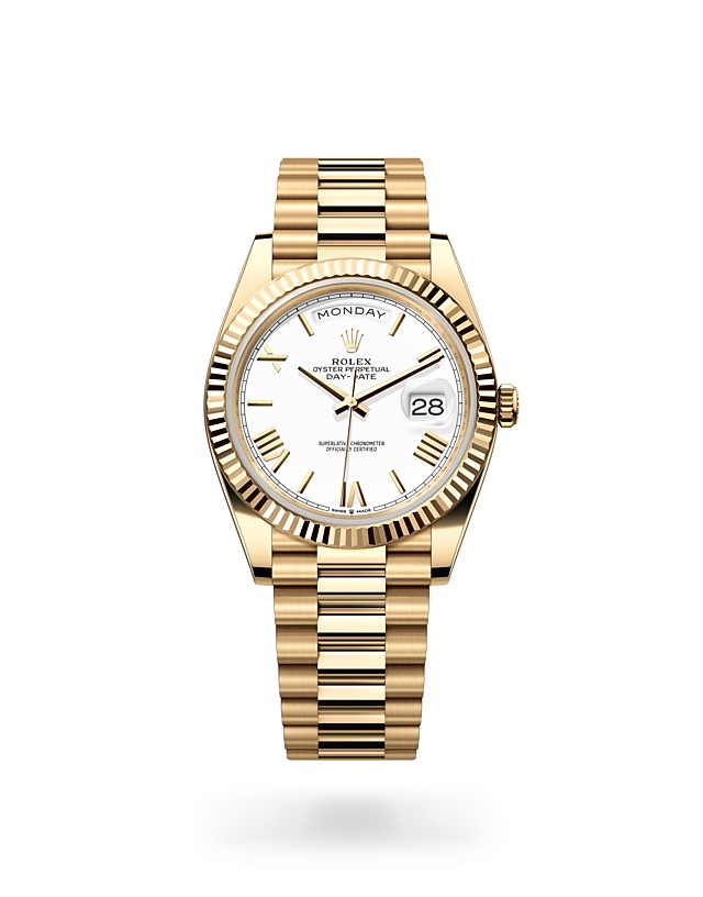 Rolex Day-Date | 228238 | Day-Date 40 | Light dial | Fluted bezel | White dial | 18 ct yellow gold | M228238-0042 | Men Watch | Rolex Official Retailer - Time Midas