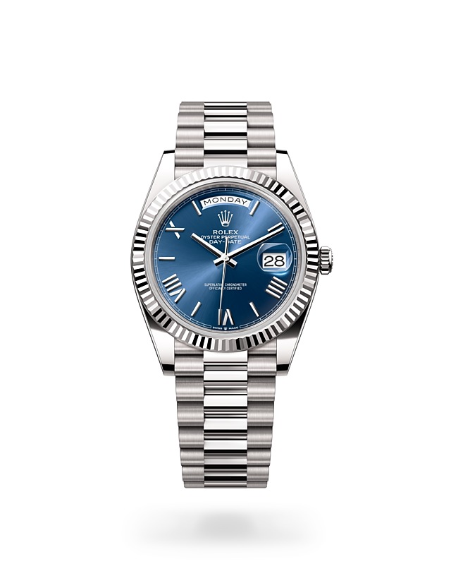 Rolex Day-Date | 228239 | Day-Date 40 | Coloured dial | Fluted bezel | Bright blue dial | 18 ct white gold | M228239-0007 | Men Watch | Rolex Official Retailer - Time Midas