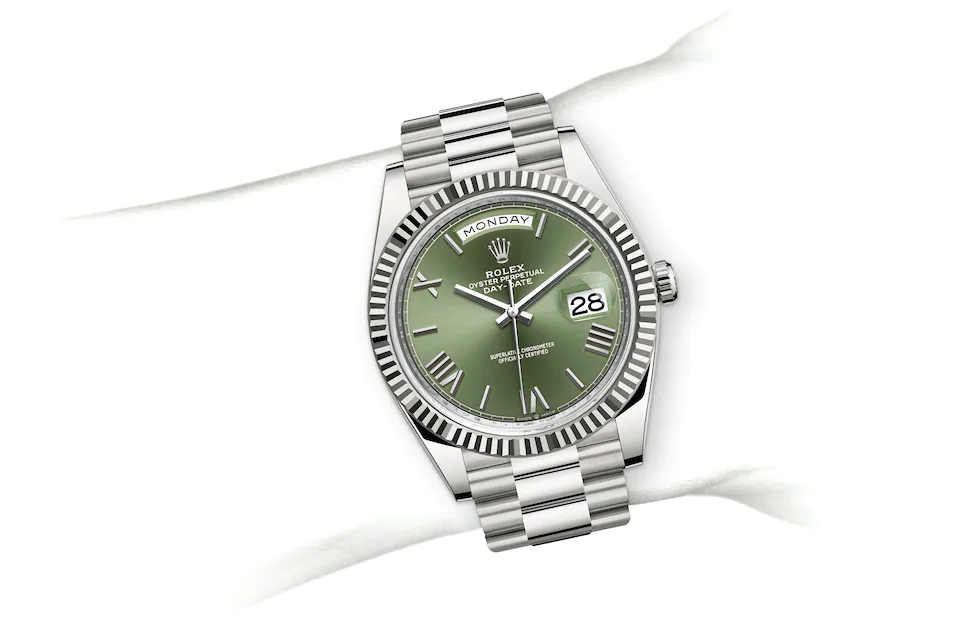 Rolex Day-Date | 228239 | Day-Date 40 | Coloured dial | Fluted bezel | Olive-Green Dial | 18 ct white gold | M228239-0033 | Men Watch | Rolex Official Retailer - Time Midas