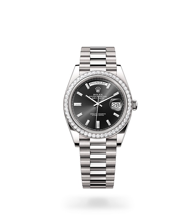 Rolex Day-Date | 228349RBR | Day-Date 40 | หน้าปัดประดับอัญมณี | หน้าปัดสีดำสว่าง | ขอบหน้าปัดประดับเพชร | ทองคำขาว 18 กะรัต | M228349RBR-0003 | ชาย Watch | Rolex Official Retailer - Time Midas