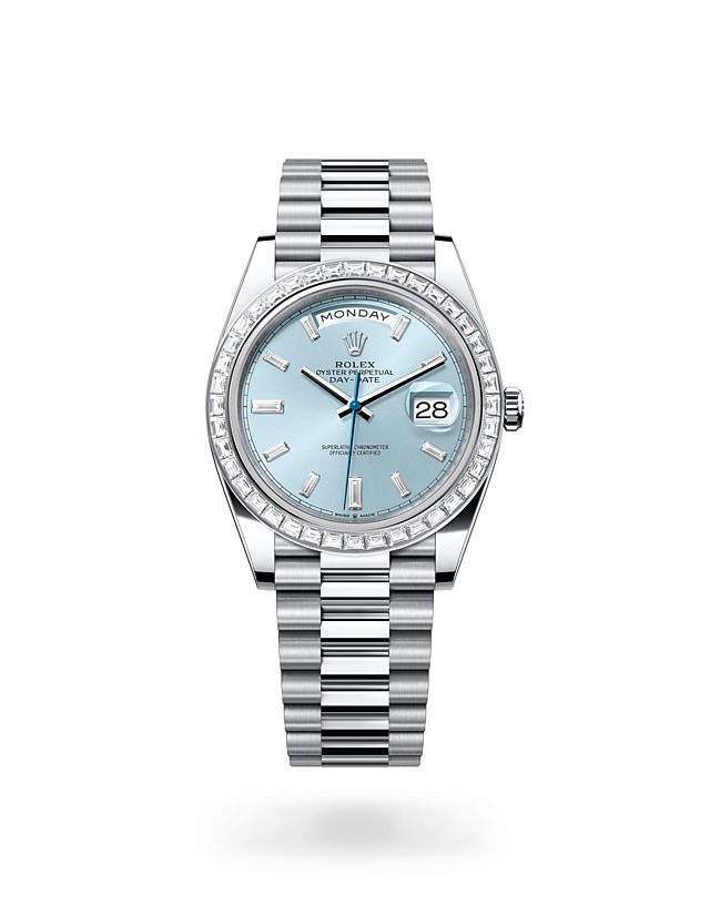 Rolex Day-Date | 228396TBR | Day-Date 40 | หน้าปัดประดับอัญมณี | หน้าปัดสีฟ้าไอซ์บลู | ขอบหน้าปัดประดับเพชร | แพลทินัม | M228396TBR-0002 | ชาย Watch | Rolex Official Retailer - Time Midas