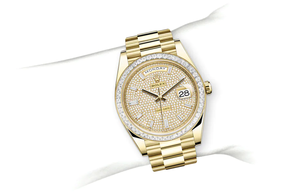 Rolex Day-Date | 228398TBR | Day-Date 40 | Diamond paved dial | Diamond-Paved Dial | Diamond-set bezel | 18 ct yellow gold | M228398TBR-0036 | Men Watch | Rolex Official Retailer - Time Midas