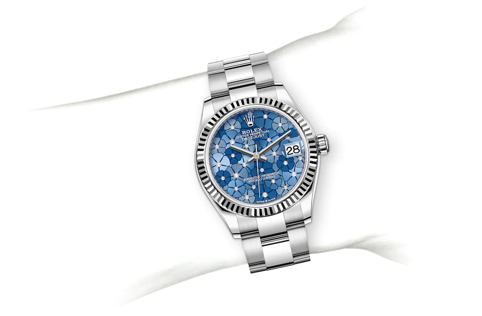 Rolex Datejust | 278274 | Datejust 31 | หน้าปัดประดับอัญมณี | หน้าปัดสีฟ้าอัซซูร์โร | ขอบหน้าปัดแบบร่อง | White Rolesor | M278274-0035 | หญิง Watch | Rolex Official Retailer - Time Midas