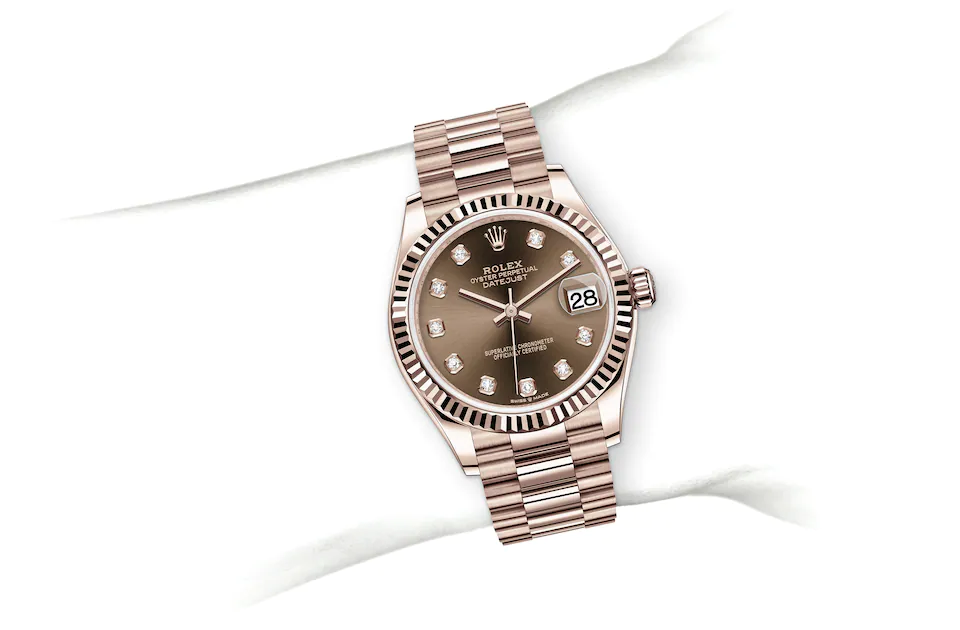 Rolex Datejust | 278275 | Datejust 31 | หน้าปัดประดับอัญมณี | หน้าปัดสีช็อกโกแลต | ขอบหน้าปัดแบบร่อง | Everose gold 18 กะรัต | M278275-0010 | หญิง Watch | Rolex Official Retailer - Time Midas