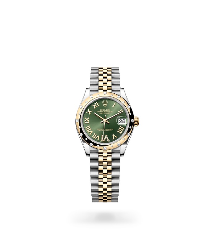 Rolex Datejust | 278343RBR | Datejust 31 | หน้าปัดประดับอัญมณี | หน้าปัดสีเขียวมะกอก | ขอบหน้าปัดประดับเพชร | Yellow Rolesor | M278343RBR-0016 | หญิง Watch | Rolex Official Retailer - Time Midas