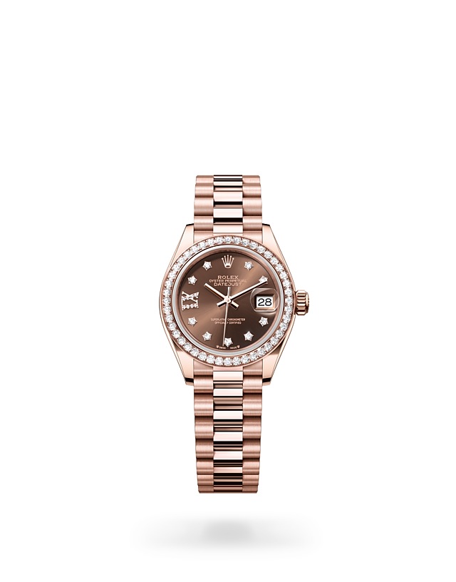 Rolex Lady-Datejust | 279135RBR | Lady-Datejust | หน้าปัดประดับอัญมณี | หน้าปัดสีช็อกโกแลต | ขอบหน้าปัดประดับเพชร | Everose gold 18 กะรัต | M279135RBR-0001 | หญิง Watch | Rolex Official Retailer - Time Midas