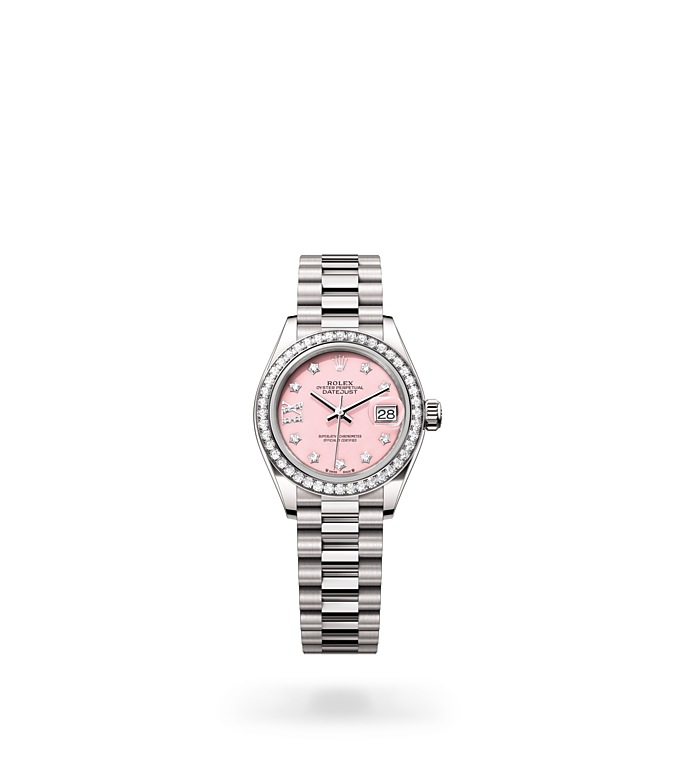 Rolex Lady-Datejust | 279139RBR | Lady-Datejust | หน้าปัดประดับอัญมณี | หน้าปัดโอปอลสีชมพู | ขอบหน้าปัดประดับเพชร | ทองคำขาว 18 กะรัต | M279139RBR-0002 | หญิง Watch | Rolex Official Retailer - Time Midas