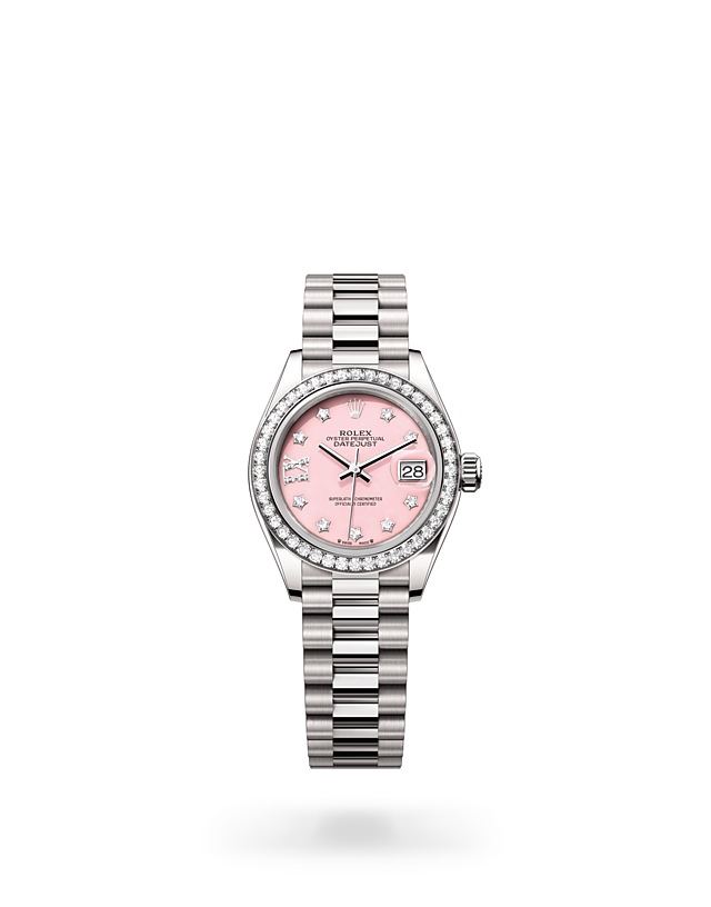 Rolex Lady-Datejust | 279139RBR | Lady-Datejust | หน้าปัดประดับอัญมณี | หน้าปัดโอปอลสีชมพู | ขอบหน้าปัดประดับเพชร | ทองคำขาว 18 กะรัต | M279139RBR-0002 | หญิง Watch | Rolex Official Retailer - Time Midas
