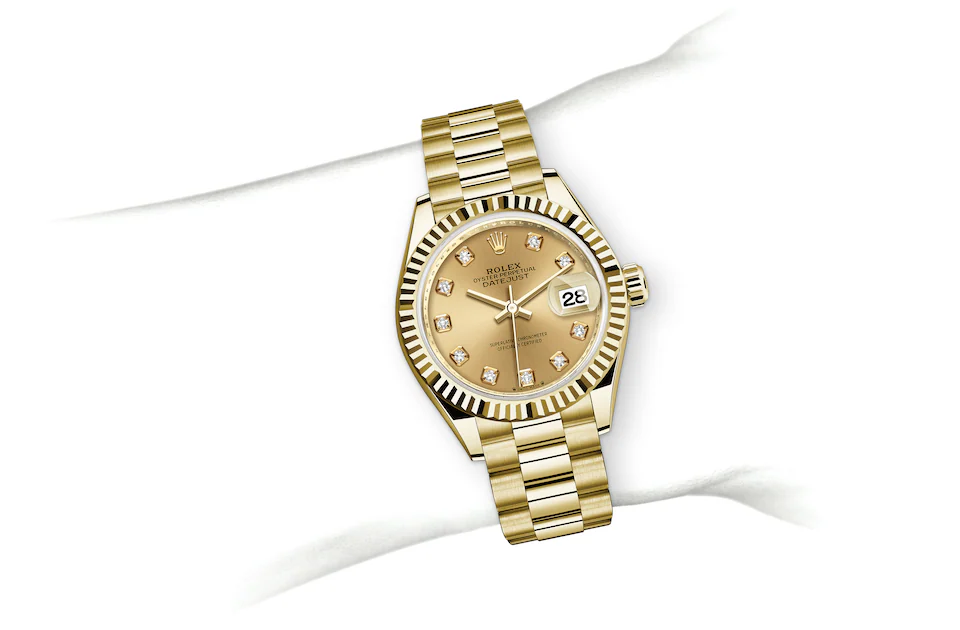 Rolex Lady-Datejust | 279178 | Lady-Datejust | Coloured dial | Champagne-colour dial | Fluted bezel | 18 ct yellow gold | M279178-0017 | Women Watch | Rolex Official Retailer - Time Midas