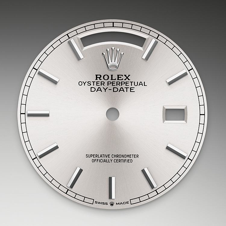 Rolex Day-Date | 128239 | Day-Date 36 | หน้าปัดสีอ่อน | ขอบหน้าปัดแบบร่อง | หน้าปัดเงิน | ทองคำขาว 18 กะรัต | M128239-0005 | ชาย Watch | Rolex Official Retailer - Time Midas