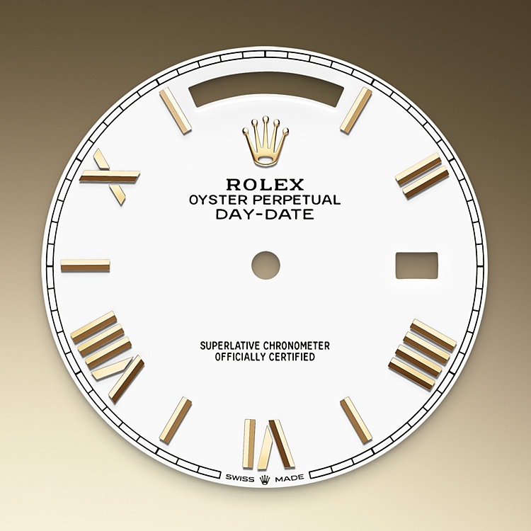 Rolex Day-Date | 228238 | Day-Date 40 | Light dial | Fluted bezel | White dial | 18 ct yellow gold | M228238-0042 | Men Watch | Rolex Official Retailer - Time Midas